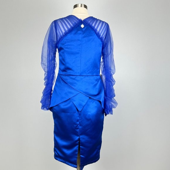 TS Couture Womens Cocktail Dress Blue Long Tulle Sleeves Sheath size Large - Picture 7 of 16